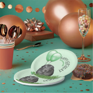 Custom Name Birthday Guinea Pig Green Balloons Paper Plate