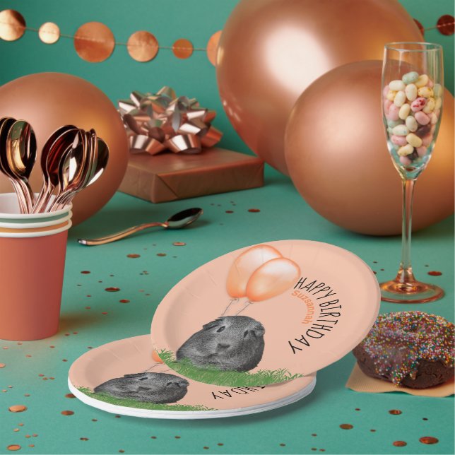 Custom Name Birthday Guinea Pig Orange Balloons Paper Plate (Multi)