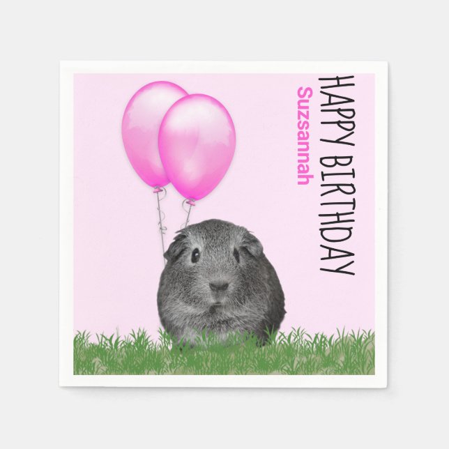 Custom Name Birthday Guinea Pig Pink Balloons Napkin (Front)