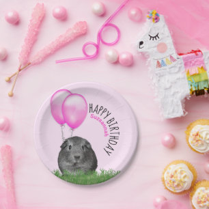 Custom Name Birthday Guinea Pig Pink Balloons Paper Plate