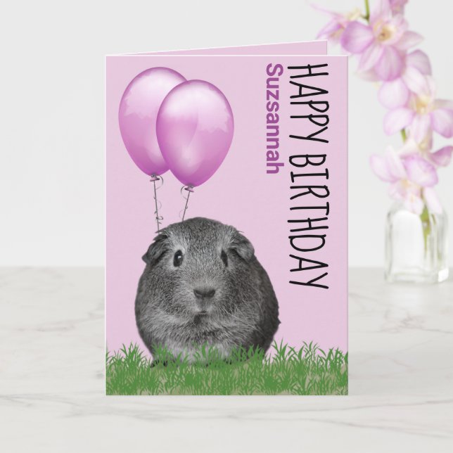 Custom Name Birthday Guinea Pig Purple Balloons Card (Orchid)