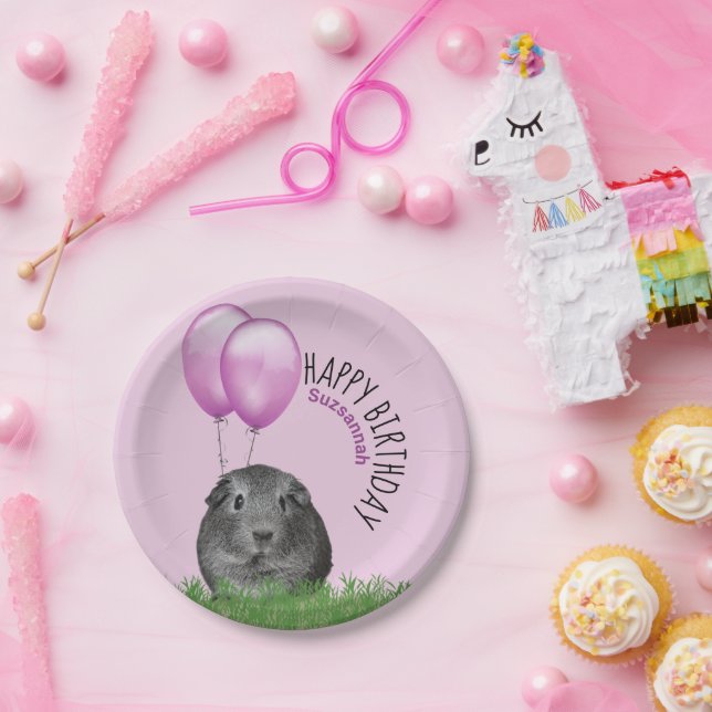 Custom Name Birthday Guinea Pig Purple Balloons Paper Plate (Party)