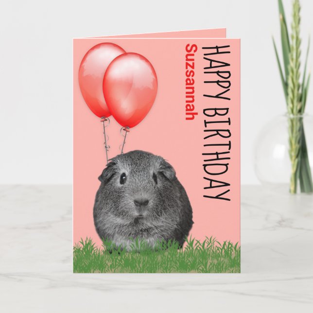 Custom Name Birthday Guinea Pig Red Balloons Card (Front)