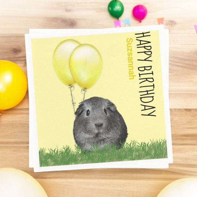 Custom Name Birthday Guinea Pig Yellow Balloons Napkin (custom party napkin with guinea pig and balloons)