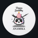 Custom Name Birthday Large Clock<br><div class="desc">Celebrate with a twist! This unique birthday design blends the edgy pastel goth aesthetic with a touch of sweetness. Featuring a cute, rosy-cheeked skull topped with a melting pink birthday candle, it’s the perfect statement piece for those who love alternative styles. The bold "Happy Birthday" script and minimalist confetti accents...</div>