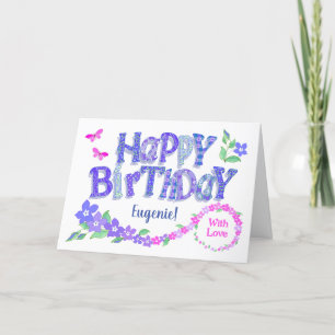 Custom Name Birthday Pink and Blue Periwinkles Holiday Card