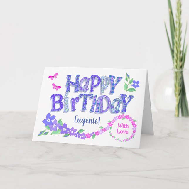 Custom Name Birthday Pink and Blue Periwinkles Holiday Card (Front)