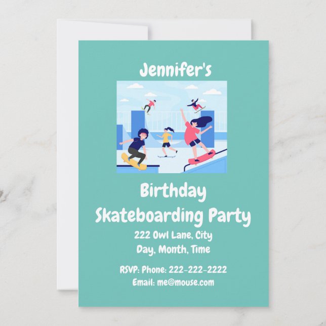 Custom Name Birthday Skateboarding Party Invitation (Back)