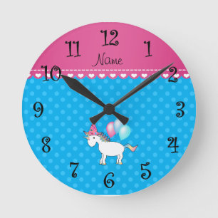 Custom name birthday unicorn blue polka dots round clock