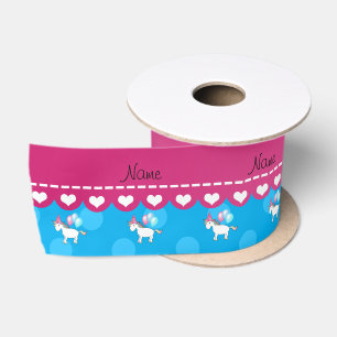 Custom name birthday unicorn blue polka dots satin ribbon