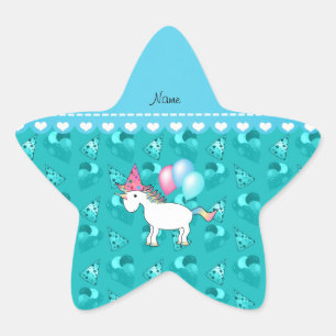 Custom name birthday unicorn turquoise party hats star sticker