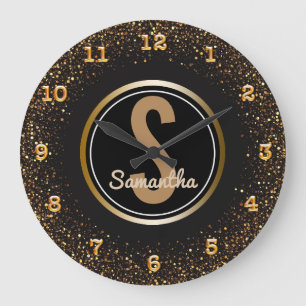 Custom Name Black and Gold Faux Glitter Large Clock