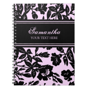 Custom Name Black and Pink Floral Notebook