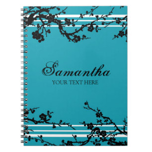 Custom Name Black and Turquoise Floral Notebook