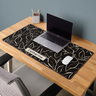 Custom Name Black and White Botanical Home Office Desk Mat