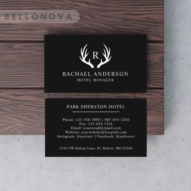 Custom Name Black And White Deer Antler Monogram Business Card (Custom Name Black And White Deer Antler Monogram Business Card)