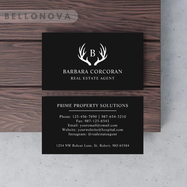 Custom Name Black And White Deer Antler Monogram Business Card (Custom Name Black And White Deer Antler Monogram Business Card)