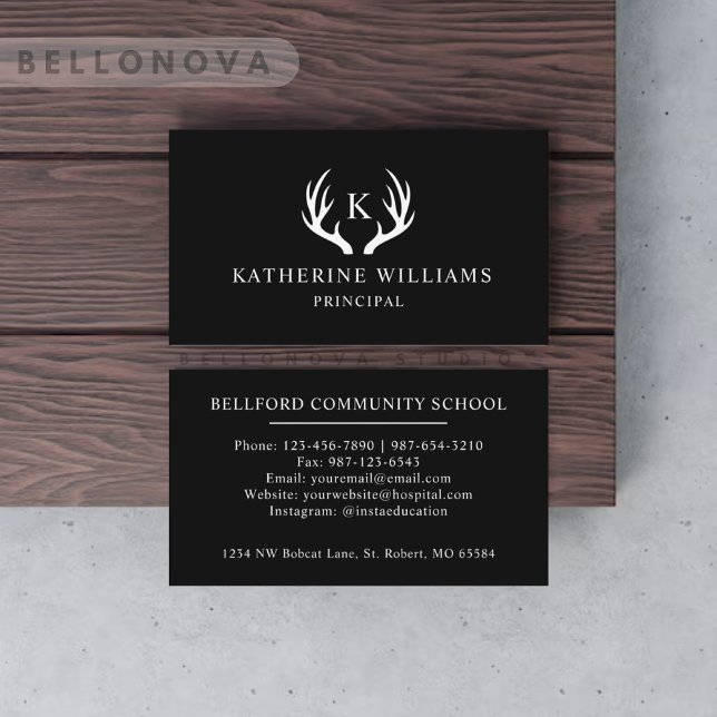 Custom Name Black And White Deer Antler Monogram Business Card (Custom Name Black And White Deer Antler Monogram Business Card)