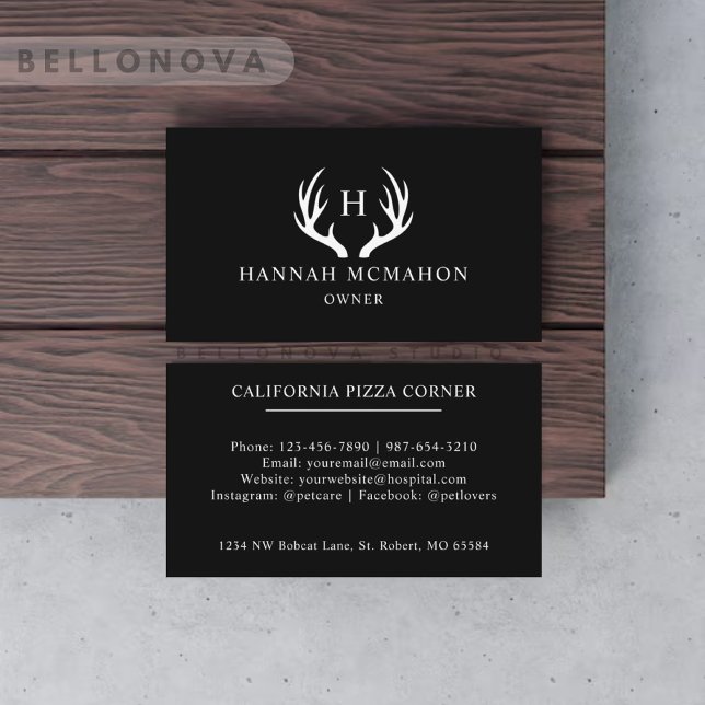 Custom Name Black And White Deer Antler Monogram Business Card (Custom Name Black And White Deer Antler Monogram Business Card)