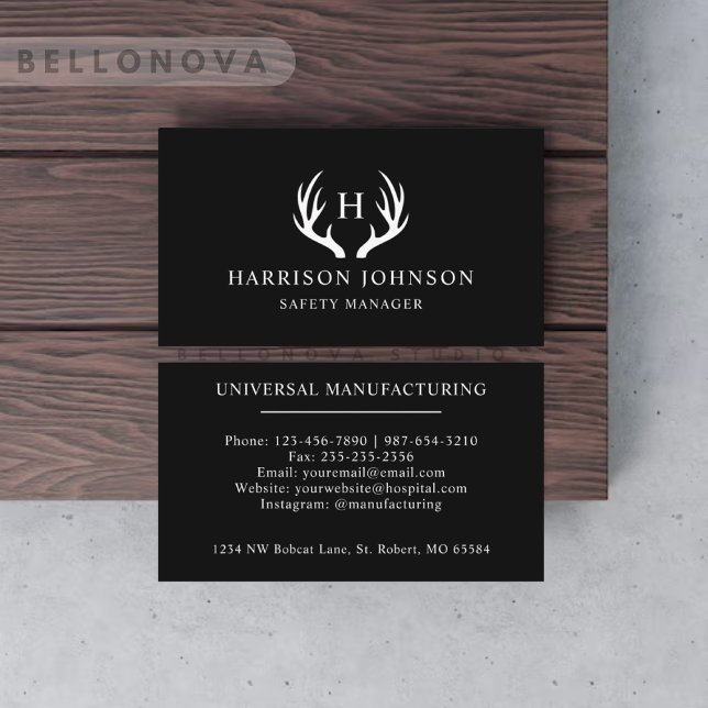 Custom Name Black And White Deer Antler Monogram Business Card (Custom Name Black And White Deer Antler Monogram Business Card)