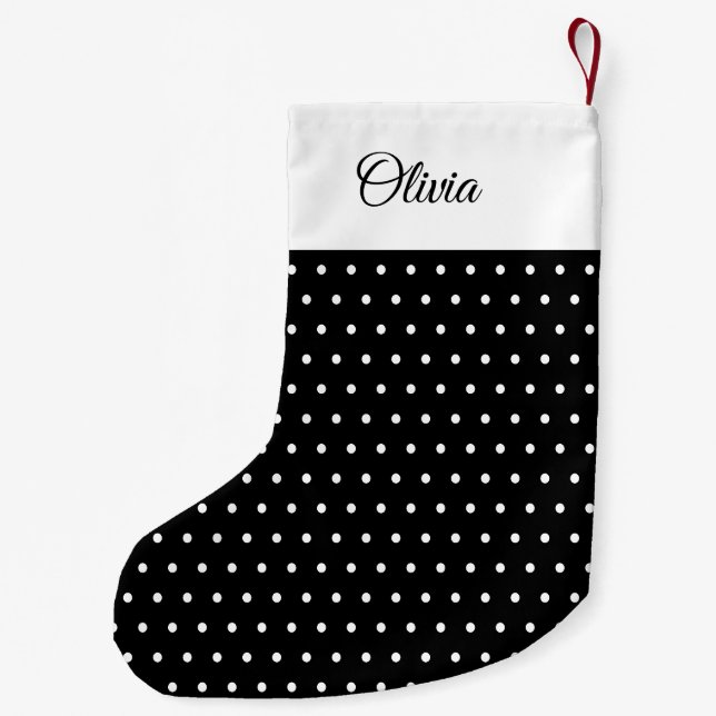 Custom Name Black and White Polka Dot Small Christmas Stocking (Back)