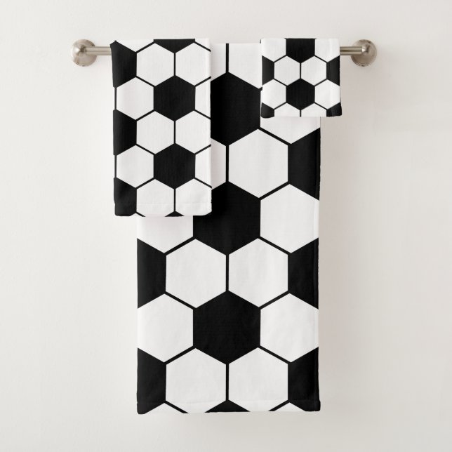 Custom name Black and white Soccer ball pattern Bath Towel Set (Insitu)