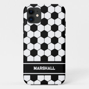 Custom name Black and white Soccer ball pattern iPhone 11 Case