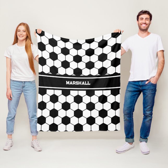 Custom name Black and white Soccer ball pattern Fleece Blanket (In Situ)