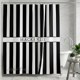 Custom Name Black and White Vertical Striped Shower Curtain