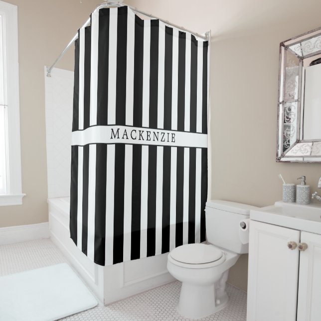 Custom Name Black and White Vertical Striped Shower Curtain (In Situ)