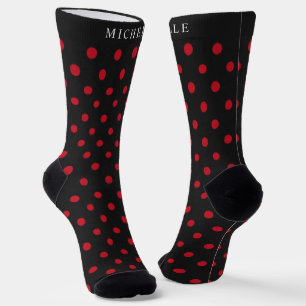 Custom Name Black Background Red Polka  Dot Socks