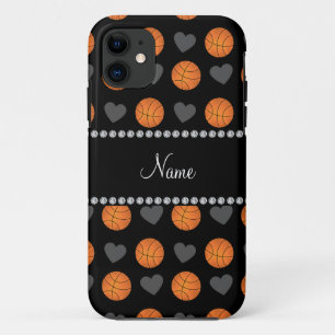 Custom name black basketballs and hearts iPhone 11 case