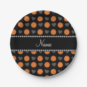 Custom name black basketballs and hearts paper plate