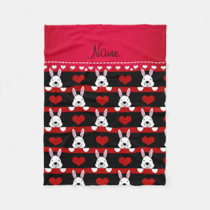Custom name black bunnies red hearts stripes fleece blanket