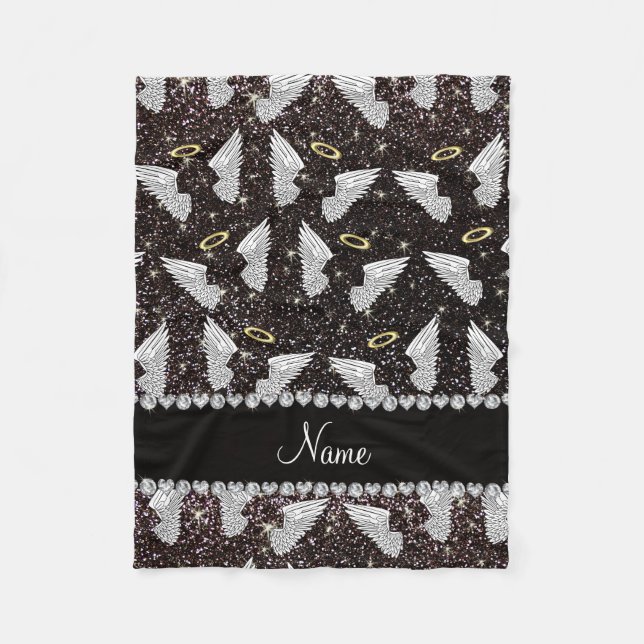 Custom name black glitter angel wings fleece blanket (Front)