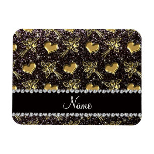 Custom name black glitter gold roses hearts magnet