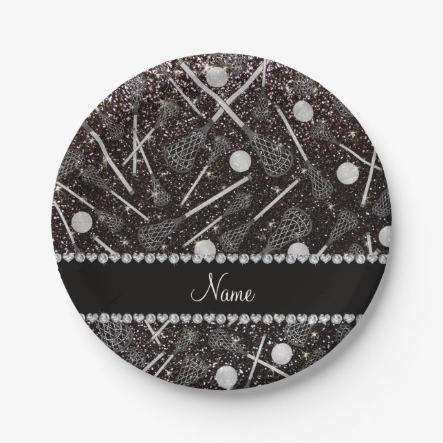 Custom name black glitter lacrosse sticks paper plate (Front)