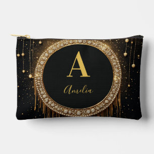 Custom Name Black Glitter Monogram Letter Accessory Pouch