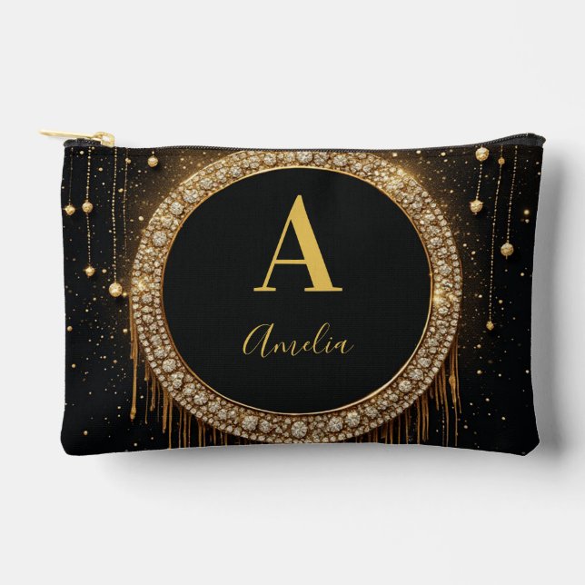 Custom Name Black Glitter Monogram Letter Accessory Pouch (Front)