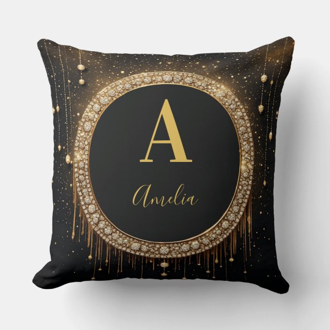 Custom Name Black Glitter Monogram Letter Cushion (Front)