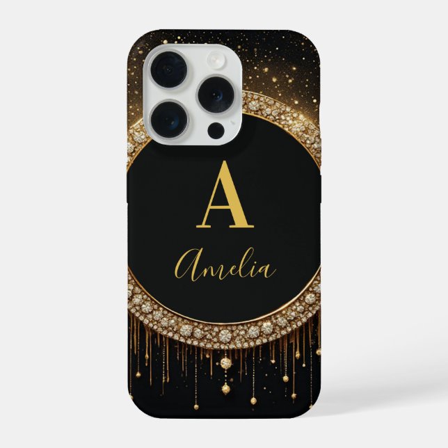 Custom Name Black Glitter Monogram Letter iPhone Case (Back)