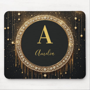 Custom Name Black Glitter Monogram Letter Mouse Pad