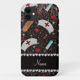 Custom name black glitter nurse hats heart iPhone 11 case
