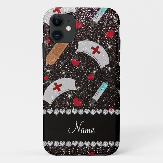 Custom name black glitter nurse hats heart Case-Mate iPhone case (Back)
