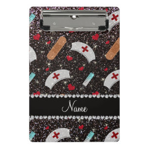 Custom name black glitter nurse hats heart mini clipboard