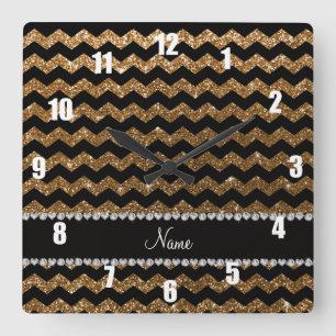 Custom name black gold glitter chevrons square wall clock