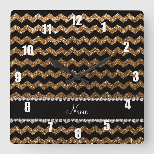 Custom name black gold glitter chevrons square wall clock (Front)