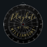 Custom Name Black Gold Playdate Script Minimalist  Dartboard<br><div class="desc">Personalized dartboard with a family name for example. Simple minimalist minimal design with the customizable phrase quote saying Playdate at the family name. Premium neutral black and gold look with a combination of trendy handwriting script calligraphy and a modern clean sans serif font typography. Playing darts game at family and...</div>