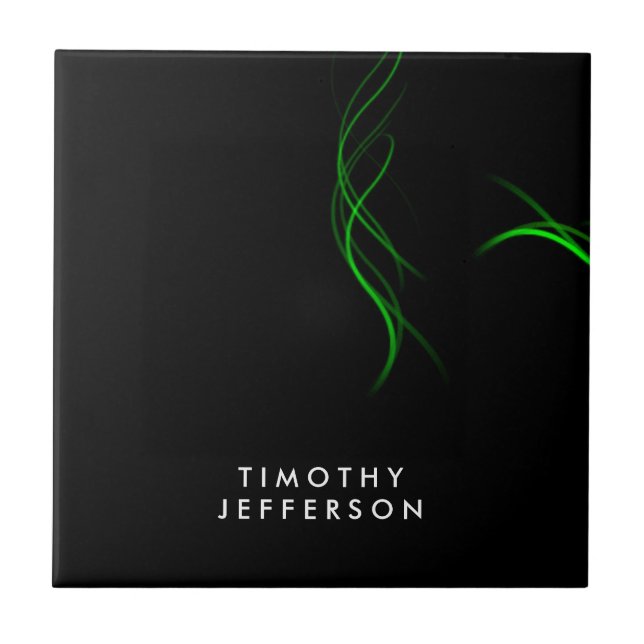 Custom Name Black Green Curves Elegant Modern Ceramic Tile (Front)