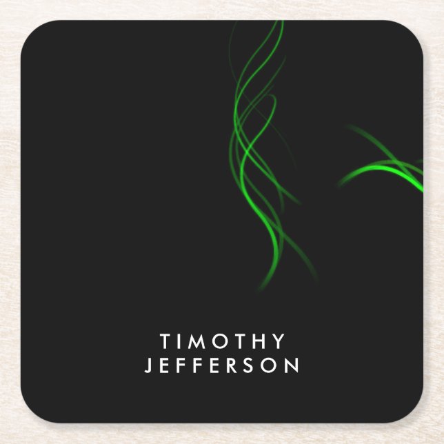Custom Name Black Green Curves Elegant Modern Square Paper Coaster (Front)